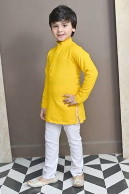 Boys chikankari sequined viscose rayon floral kurta pyjama set for boys - yellow 4
