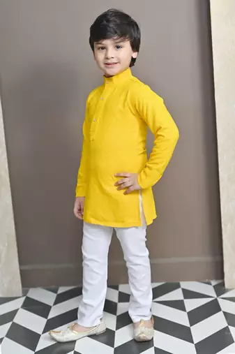 Boys chikankari sequined viscose rayon floral kurta pyjama set for boys - yellow