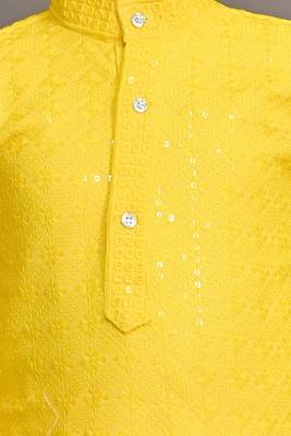 Boys chikankari sequined viscose rayon floral kurta pyjama set for boys - yellow 5