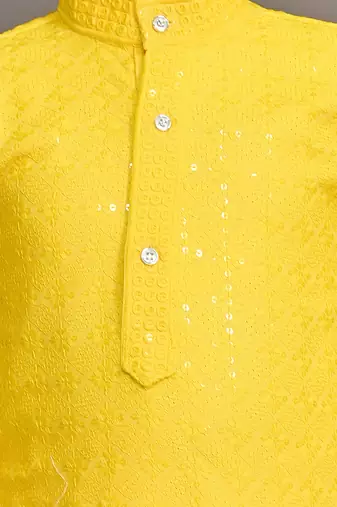 Boys chikankari sequined viscose rayon floral kurta pyjama set for boys - yellow