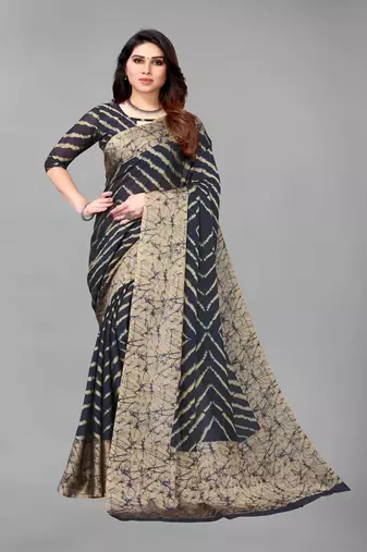 Blue Printed Chiffon Daily Wear Saree With Blouse