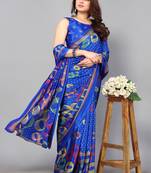 Blue Printed Crepe Daily Wear Saree With Blouse