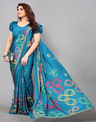 Blue Printed Crepe Daily Wear Saree With Blouse 1