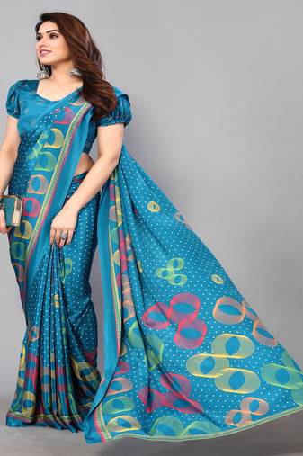 Blue Printed Crepe Daily Wear Saree With Blouse