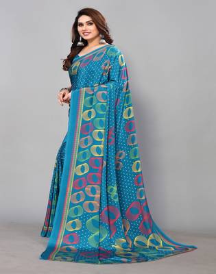 Blue Printed Crepe Daily Wear Saree With Blouse 2