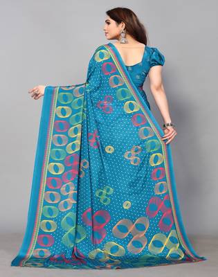 Blue Printed Crepe Daily Wear Saree With Blouse 3