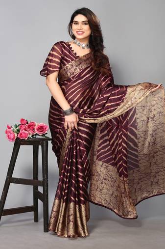 Wine Printed Chiffon Daily Wear Saree With Blouse