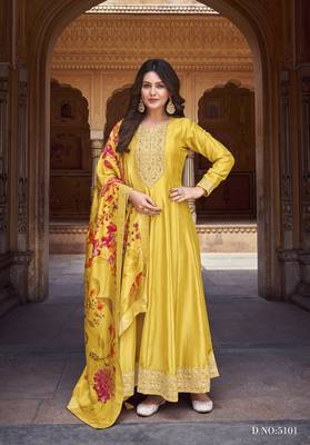 Yellow embroidered heavy silk semi stitched anarkali suit 1