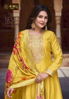 Yellow embroidered heavy silk semi stitched anarkali suit 2