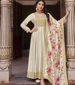 Cream embroidered heavy silk semi stitched anarkali suit