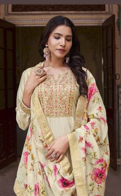 Cream embroidered heavy silk semi stitched anarkali suit 2