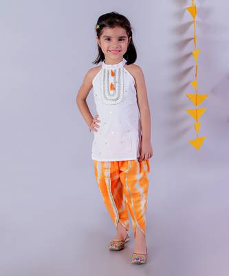 white girls cotton kurta and orange dhoti ethnic set 1