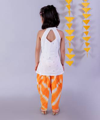 white girls cotton kurta and orange dhoti ethnic set 2