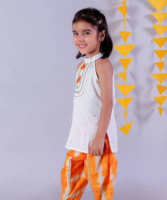 white girls cotton kurta and orange dhoti ethnic set 3