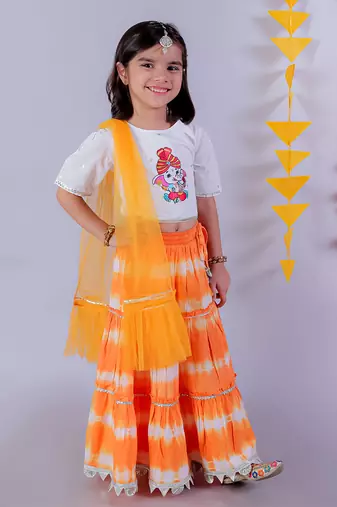 orange lehanga and white choli with dupatta ethnic set
