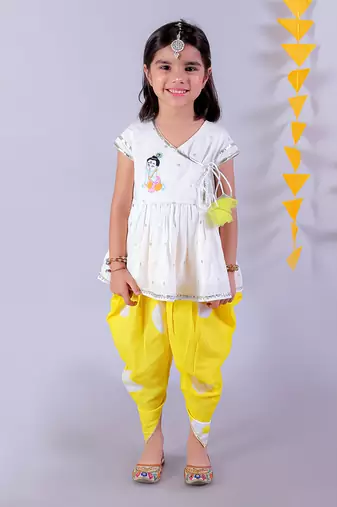  white girls cotton kurta and yellow dhoti ethnic set