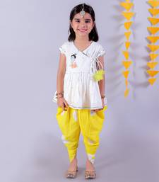 white girls cotton kurta and yellow dhoti ethnic set