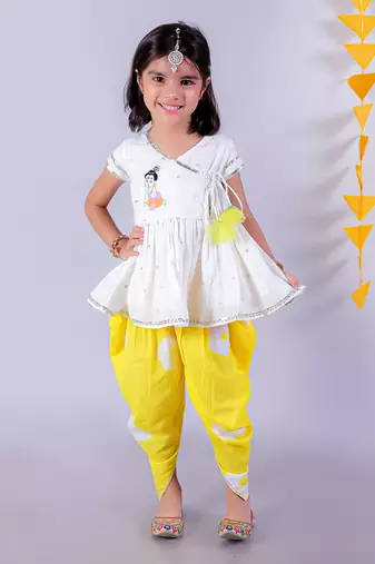  white girls cotton kurta and yellow dhoti ethnic set