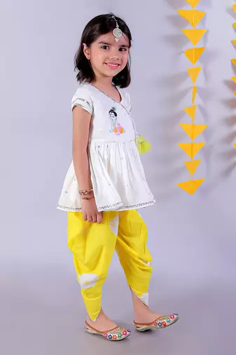  white girls cotton kurta and yellow dhoti ethnic set