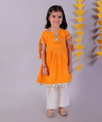 orange cotton kurta and white pyjama ethnic set 2