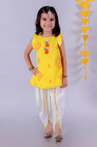  yellow cotton kurta and white dhoti ethnic set