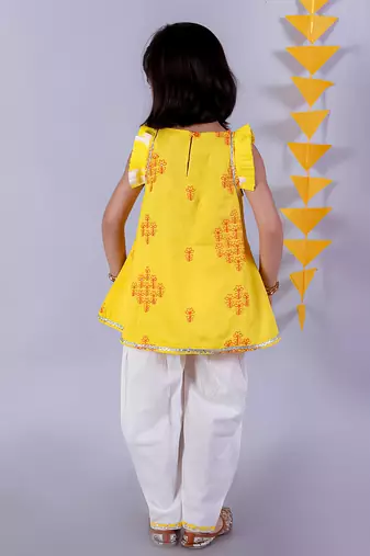  yellow cotton kurta and white dhoti ethnic set