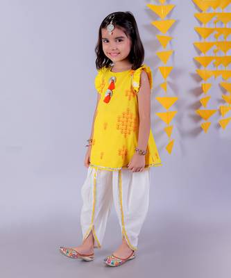  yellow cotton kurta and white dhoti ethnic set 4