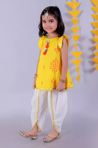  yellow cotton kurta and white dhoti ethnic set