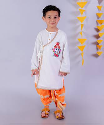 Janmashtami white boys cotton kurta and orange dhoti ethnic set 1