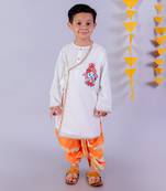 Janmashtami white boys cotton kurta and orange dhoti ethnic set