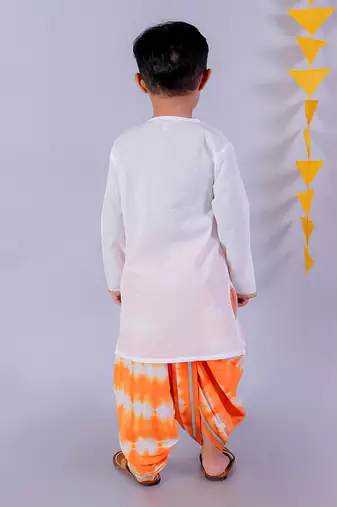 Janmashtami white boys cotton kurta and orange dhoti ethnic set