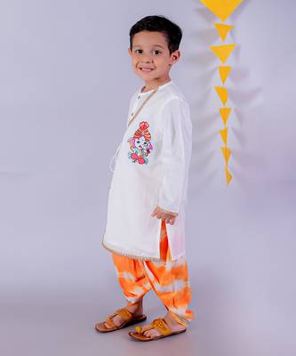 Janmashtami white boys cotton kurta and orange dhoti ethnic set 3