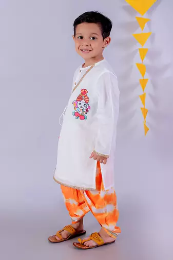 Janmashtami white boys cotton kurta and orange dhoti ethnic set