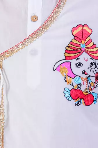 Janmashtami white boys cotton kurta and orange dhoti ethnic set