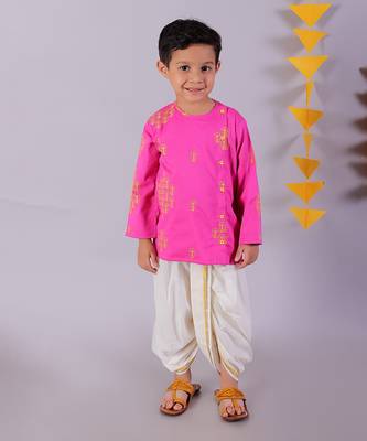 pink boys cotton kurta and white dhoti ethnic set 1
