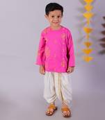 pink boys cotton kurta and white dhoti ethnic set