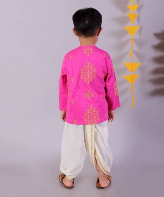 pink boys cotton kurta and white dhoti ethnic set 2