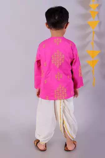 pink boys cotton kurta and white dhoti ethnic set