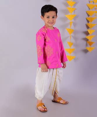pink boys cotton kurta and white dhoti ethnic set 3