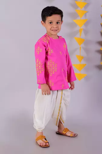 pink boys cotton kurta and white dhoti ethnic set