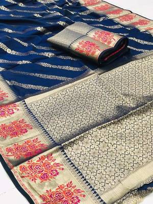 Koram Blue Banarasi silk blend And Zari Work Saree With Blouse For Women 1