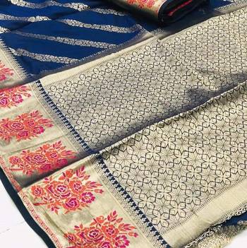 Koram Blue Banarasi silk blend And Zari Work Saree With Blouse For Women 3
