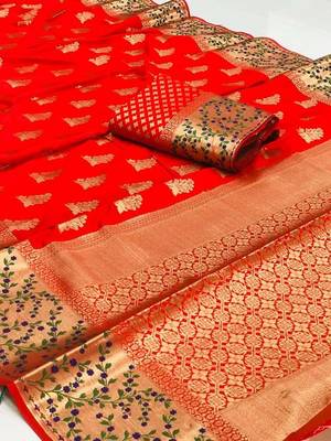 Koram Red Banarasi silk blend And Zari Work Saree With Blouse For Women 1