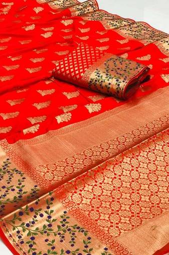 Koram Red Banarasi silk blend And Zari Work Saree With Blouse For Women