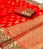 Koram Red Banarasi silk blend And Zari Work Saree With Blouse For Women