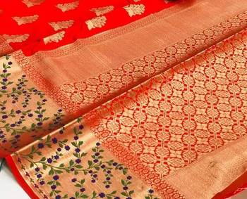 Koram Red Banarasi silk blend And Zari Work Saree With Blouse For Women 3