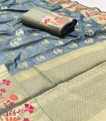 Koram Light Grey Banarasi silk blend And Zari Work Saree With Blouse For Women