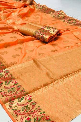 Koram Light Yellow Banarasi silk blend And Zari Work Saree With Blouse For Women