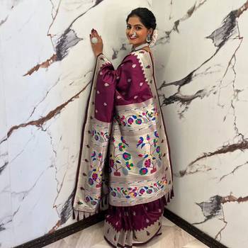 Koram Marron Paithani kanchipuram silk blend saree Zari Weaving Pallu Saree With Blouse For Women 1