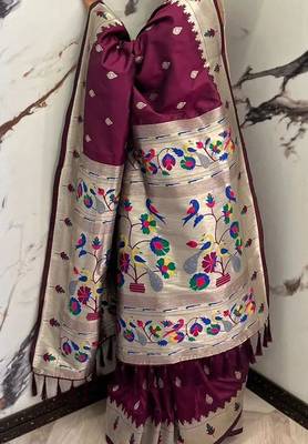 Koram Marron Paithani kanchipuram silk blend saree Zari Weaving Pallu Saree With Blouse For Women 3